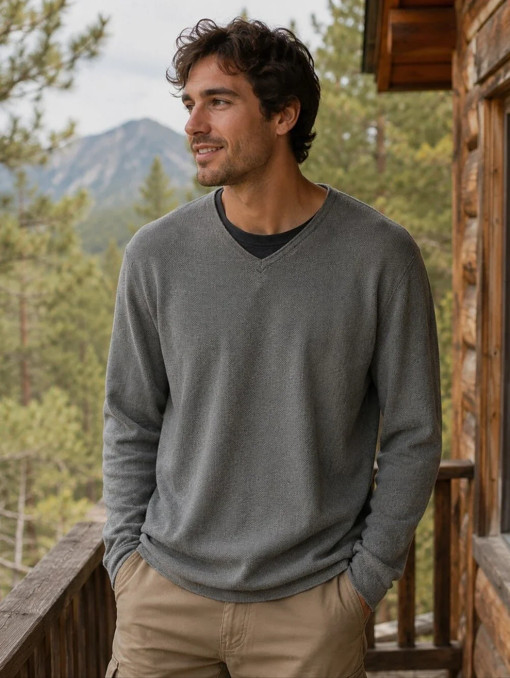 Banana Republic Mens Cotton Textured V Neck Sweater Gray Casual Travel Outdoor L